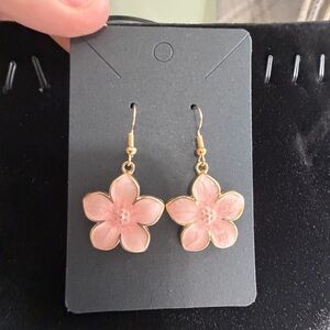 NEW Pink Floral Drop Earrings - Gold Trim